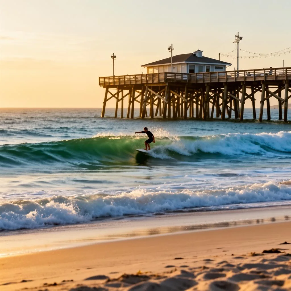 Surfer riding a clean wave in front of Avon Pier on Hatteras Island, Outer Banks NC at golden hour